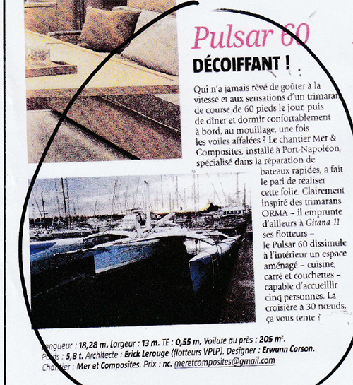Press article in Multicoques Magazine about our trimaran Sowhat